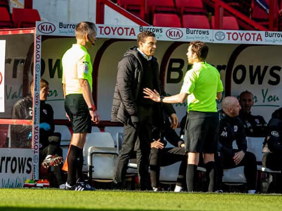 Barnsley FC head coach Valerien Ismael remonstrates with referee Leigh Doughty in today's win over Millwall. PICTURE: TONY JOHNSON