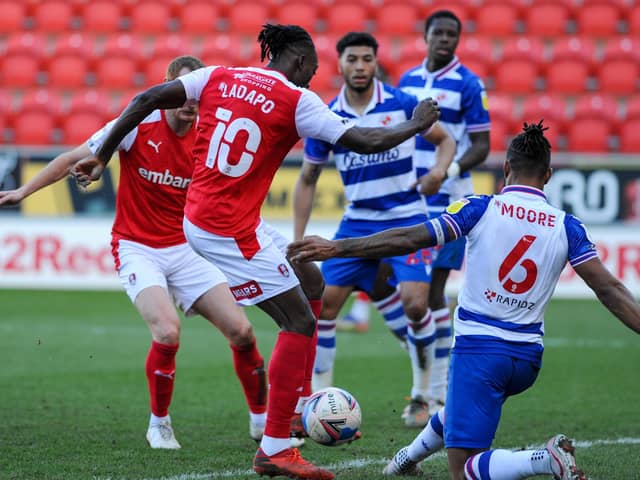No way: Rotherham's Freddie Ladapo has a shot blocked by Liam Moore. Pictures: Dean Atkins