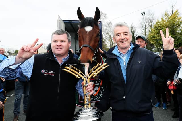 Happier picture: Grand National winner Tiger Roll with trainer Gordon Elliott, left, and owner Michael O'Leary. Picture: PA