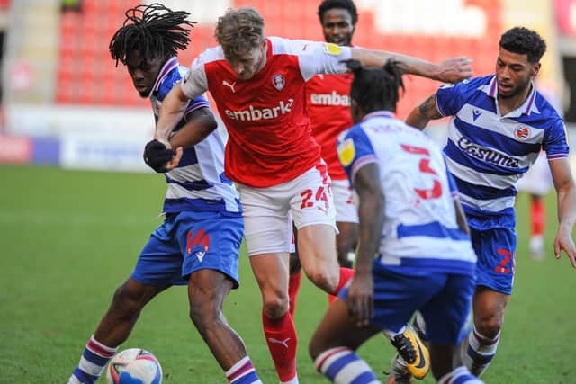 Rotherham's Michael Smith is stopped by a strong Reading defence (Picture: Dean Atkins)