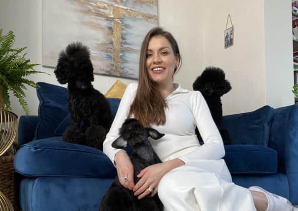 Verity at home in Harrogate with her poodles Lily, Alice and Olive