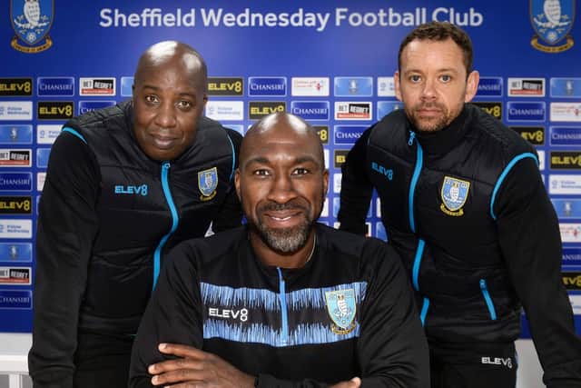 New team: Sheffield Wednesday manager Darren Moore, centre, with coaches Paul Williams left, and Jamie Smith. Picture: SWFC