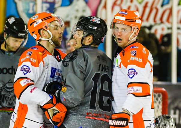 Davey Phillips, right, is back playing alongside former Sheffield Steelers' team-mate Ben O'Connor, left, this time withSheffield Steeldogs. Picture courtesy of Mark Ferriss/EIHL.