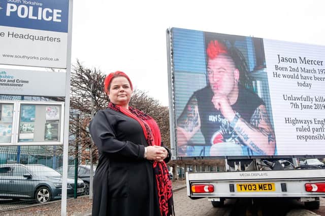 Claire Mercer, whose husband Jason was killed along with Alexandru Murgeanu when they stopped on a section of smart motorway on the M1 near Sheffield after a minor collision and were then hit by a lorry, protests outside South Yorkshire Police HQ in Sheffield, where she is calling on the chief constable to prosecute Highways England over her husband's death.