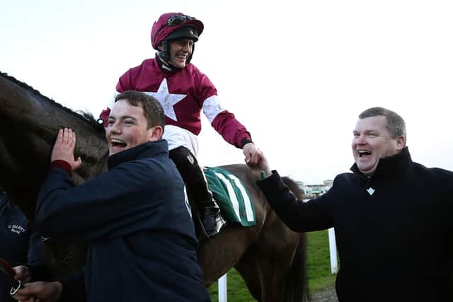 Gordon Elliott with jockey Rob James who is now subject of an inquiry about offensive online images.