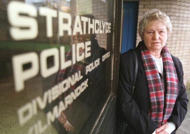 This was Molly Godley during a visit to Strathclyde Police after her son Ian's murder in February 1998. Photo: Exeter Express & Echo.