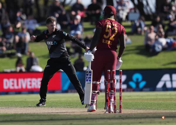 GOT HIM: New Zealand's Lockie Ferguson celebrates the wicket of West Indies' Rovman Powell during the second T20 match at the Bay Oval in November last year. Picture: Michael Bradley/AFP via Getty Images.