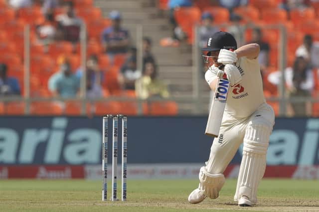 OFF WITH YOU: England's Jonny Bairstow drives a four through the covers on day one in Ahmedabad. Picture: Saikat Das/Sportzpics for BCCI (via ECB).
