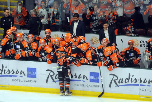 BACK IN THE GAME: Aaron Fox, pictured with his Sheffield Steelers' players during the Challenge Cup Final against Cardiff last March - the last time they played. Picture: Dean Woolley.