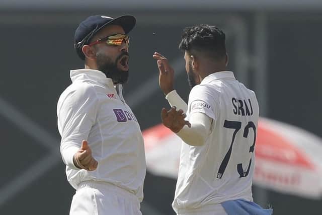 Mohammed Siraj of India celebrates the wicket of Joe Root (captain) of England during day one of the fourth test match between India and England held at the Narendra Modi Stadium (Picture: Saikat Das / Sportzpics for BCCI)