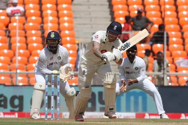 Ben Stokes clips one through mid wicket off Ravichandran Ashwin on day one at the Narendra Modi Stadium in Ahmedabad. Picture: Pankaj Nangia/ Sportzpics for BCCI (via ECB)
