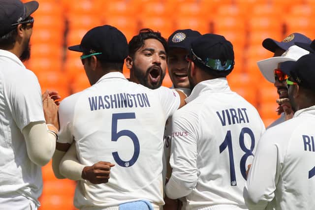GOT HIM: Mohammed Siraj celebrates the wicket of Jonny Bairstow during day one in Ahmedabad. Picture: Pankaj Nangia/Sportzpics for BCCI (via ECB)