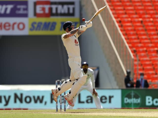 CUT IT OUT: England's Ben Stokes tries to cut one through the offside on day one in Ahmedabad. Picture: Saikat Das/Sportzpics for BCCI (via ECB).
