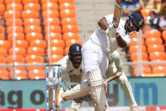 On the attack: Dom Bess is driven by India cenutry-maker Rishabh Pant. Pictures: Pankaj Nangia/Sportzpics for BCCI