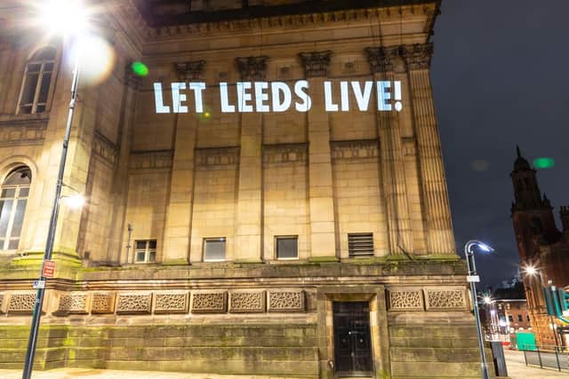 Extinction Rebellion projected protest videos on Leeds Town Hall last night (Photo: Neil Terry Photography)