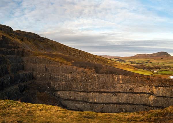 Composite panorama of Pen-y-Ghent seen from Dry Rigg Quarry at Helwith Bridge.  Picture Bruce Rollinson