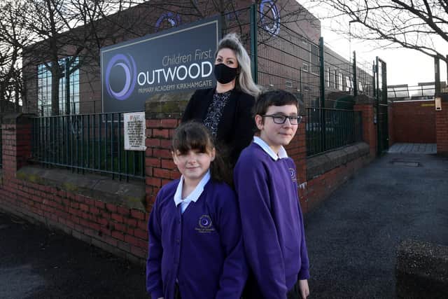 Outwood Primary Academy, Brandy Carr Road, Kirkhamgate, Wakefield. Pupils Annabelle Guthrie and Rhys Bassett with Principal Emma Abbott pictured at the school..5th March 2021. Photo credit: Simon Hulme/JPIMediaResell
