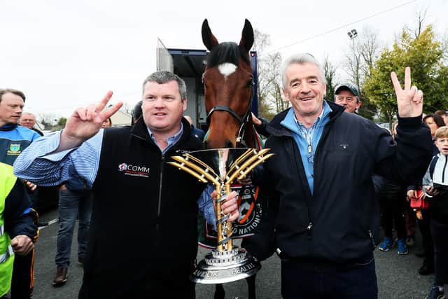 Gordon Elliott and Ryanair boss Michael O'Leary after Tiger Roll's second Grand National win.