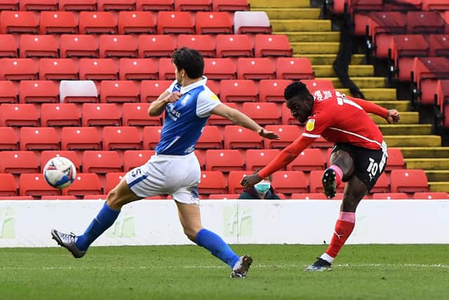 Barnsley's Daryl Dike scores the winner. Picture: Jonathan Gawthorpe