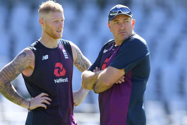 England head coach Chris Silverwood chats with all-rounder Ben Stokes. Picture: Stu Forster/Getty Images