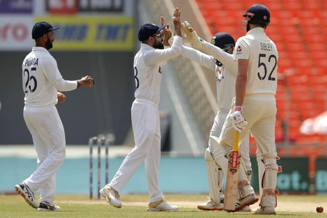 GOT HIM: India's playes celebrate the wicket of england's Dom Sibley in the fourth Test in Ahmedabad. Picture: Saikat Das / Sportzpics for BCCI (via ECB).