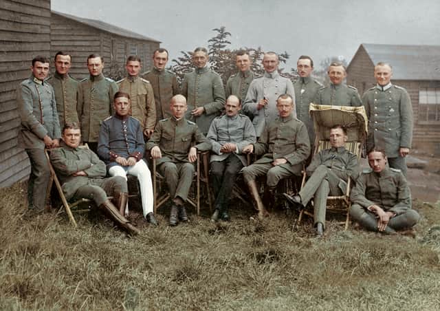 A colourised photograph of the Skipton prisoners, given to Anne Buckley by the son of PoW Ernesto Brucker