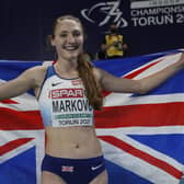 Golden girl: Wakefield Harriers’ Amy-Eloise Markovc won gold in the 3,000m at the European Indoor Championships. Picture: (AP Photo/Darko Vojinovic)