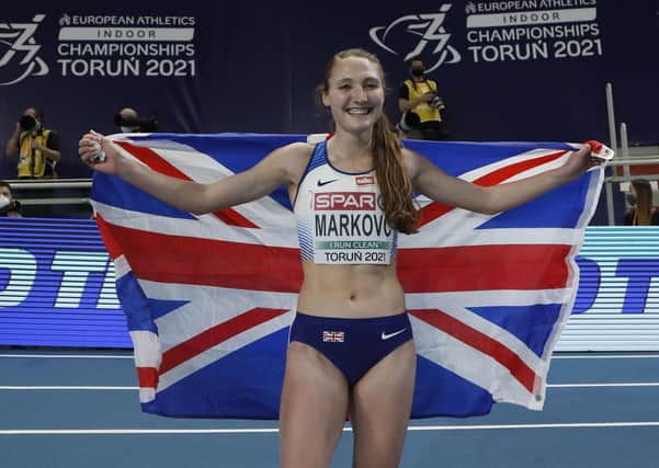 Britains Amy-Eloise Markovc celebrates after winning the women's 3000 meters final at the European Indoor Athletics Championships.