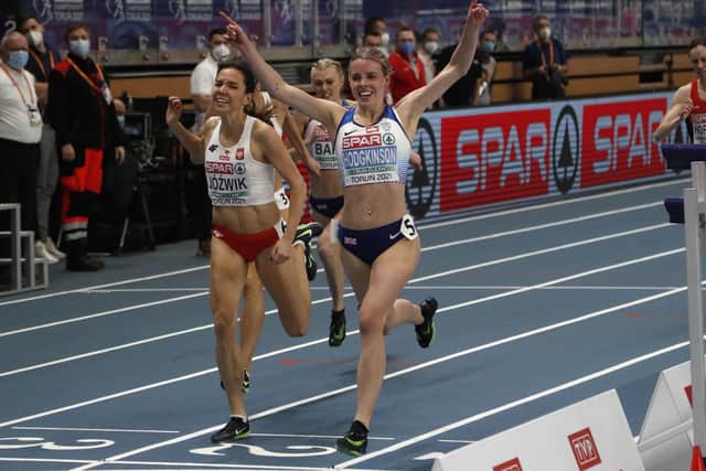 GOLDEN GIRL: Britain's Keely Hodgkinson crosses the finish line to win the women's 800m final at the Poland European Indoor Athletics Championships in Torun. Picture: AP/Darko Vojinovic