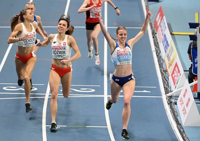GOLDEN MOMENT: Britain's Keely Hodgkinson wins the women's 800m final at the 2021 European Athletics Indoor Championships in Torun. Picture: Sergei Gapon/AFP via Getty Images.
