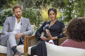 The Duke and Duchess of Sussex during their interview with Oprah Winfrey. Photo: Joe Pugliese/Harpo Productions via AP, File
