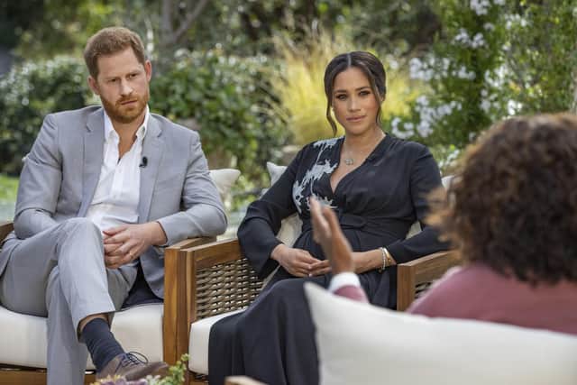 The Duke and Duchess of Sussex during their interview with Oprah Winfrey. Photo: Joe Pugliese/Harpo Productions via AP, File