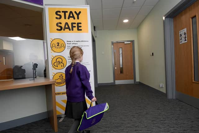 Sofia Richardson aged 6 is pictured arriving at Outwood Primary School, Ledger Lane, Outwood, Wakefield....8th March 2021..Photo credit: Simon Hulme/JPIMediaResell