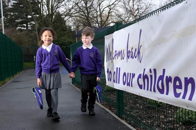 Pictured, children return back to school at Outwood Primary School, Ledger Lane, Outwood, Wakefield. Star Wright aged 6 (left) and Finlay Scaife aged 6 are pictured..8th March 2021..Photo credit: Simon Hulme/JPIMediaResell