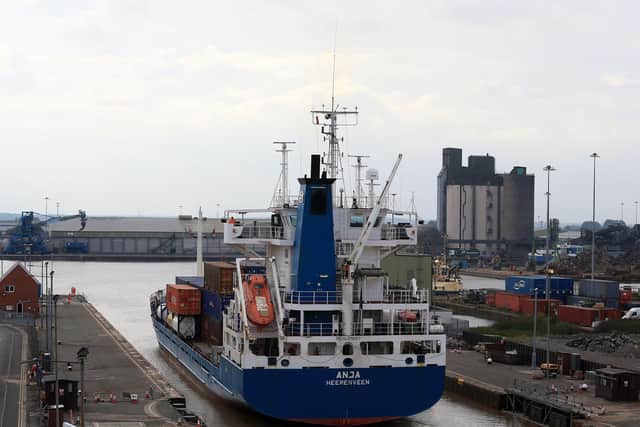 The container ship Anja arrives into the Port of Immingham operated by Associated British Ports (ABP) on the south bank of the Humber Estuary. (Photo by LINDSEY PARNABY / AFP) (Photo credit should read LINDSEY PARNABY/AFP/Getty Images)