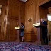 Deputy Chief Medical Officer Dr Jenny Harries and Prime Minister Boris Johnson during a media briefing in Downing Street, London, on coronavirus (COVID-19). Photo: PA