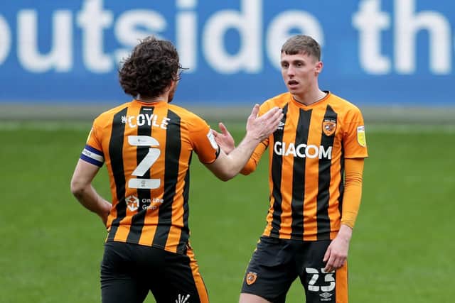 Hull City's Lewis Coyle congratulates Hull City's Gavin Whyte after scoring his second goal (Picture: PA)