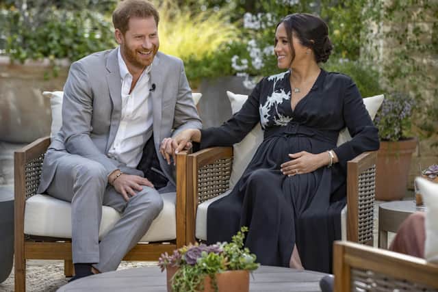 The Duke and Duchess of Sussex during their interview with Oprah Winfrey.  Photo:  Joe Pugliese/Harpo Productions/PA Wire