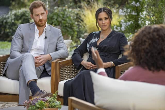 The Duke and Duchess of Sussex during their interview with Oprah Winfrey. Photo: Joe Pugliese/Harpo Productions/PA Wire.
