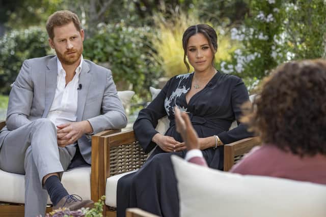 The Duke and Duchess of Sussex during their TV interview with Oprah Winfrey. Photo: Joe Pugliese/Harpo Productions.
