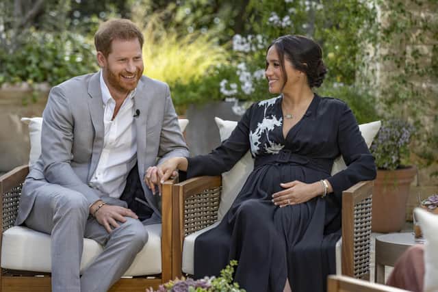 The Duke and Duchess of Sussex during their interview with Oprah Winfrey. Photo: Joe Pugliese/Harpo Productions via AP.