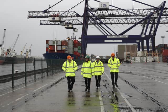 Boris Johnson and Rishi Sunak during a visit to Teesside after it was given freeport status.