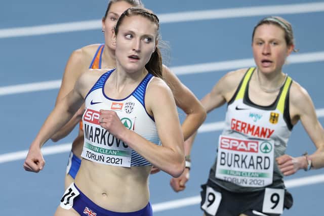 Amy-Eloise Markovc of Great Britain (L) on her way to winning the Women's 3000 metres during the European Athletics Indoor Championships at Torun Arena on March 04, 2021 in Poland. (Picture: Alexander Hassenstein/Getty Images for European Athletics)
