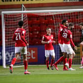 Crewe Alexandra's Mikael Mandron (centre left) celebrates scoring. Pictures: PA.