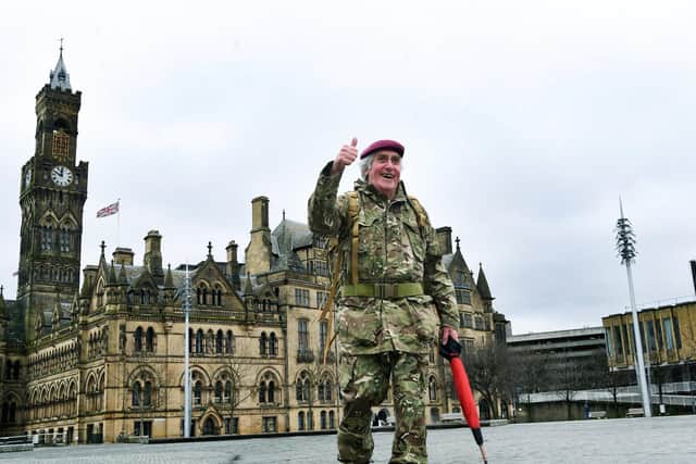 The ex-paratrooper’s latest challenge saw him set off from Bradford Town Hall yesterday with the aim to walk 190 miles to raise funds for two Armed Forces charities. Photo credit:  Jonathan Gawthorpe /JPIMediaResell