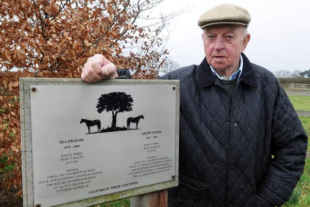 Peter easterby at the graves of his dual Champion Hurdle heroes Sea Pigeon and Night Nurse who epitomosed a golden era of hurdling.