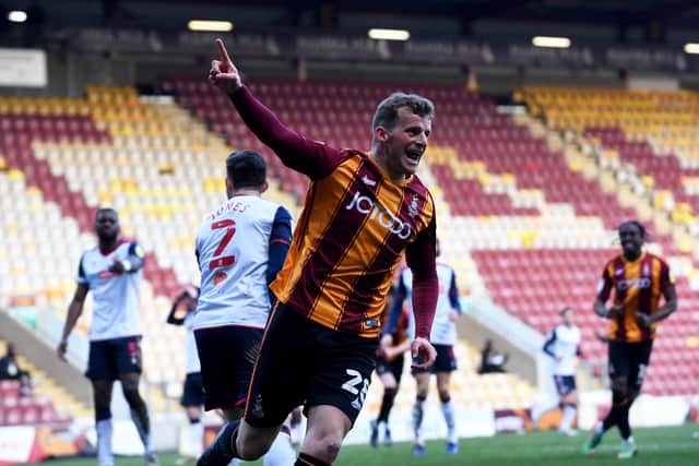 STILL RIDING HIGH: Danny Rowe celebrates after equalising for Bradford against Bolton at the weekend. Picture: by Simon Hulme