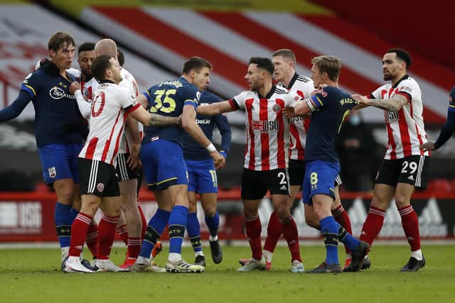 LOW POINTS: Tempers flare during the Premier League match between Sheffield United and Southampton at Bramall Lane. Picture: Lee Smith/PA