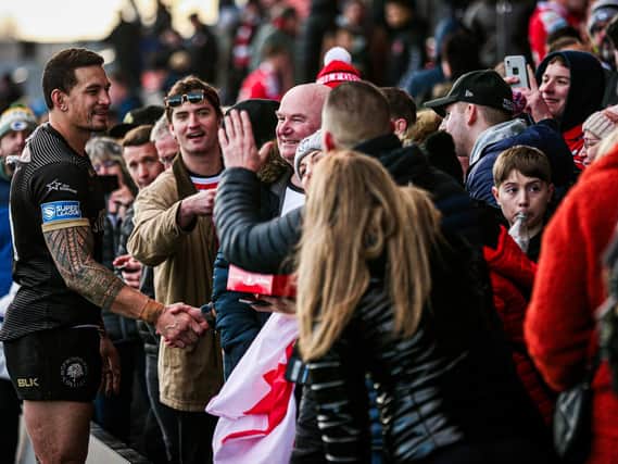 Sonny-Bill Williams with fans after Toronto Wolfpack's game against Salford Red Devils last year. (Alex Whitehead/SWpix.com)