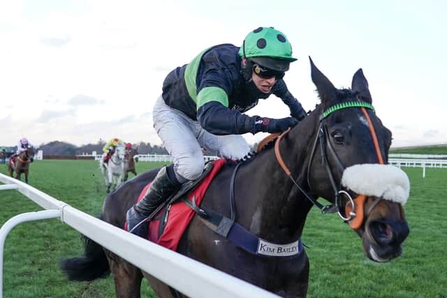 The David Bass-ridden First Flow surges clear in the Grade One Clarence House Chase at Ascot.